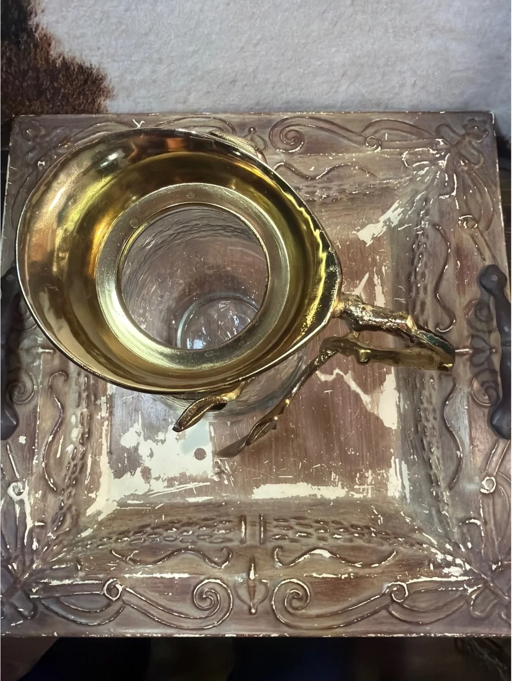 Vintage Glass Pitcher with Decorative Gold-Tone Leaf Handle